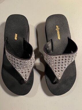 Women's Black Flip Flop Sandals with Silver Rhinestone Accent